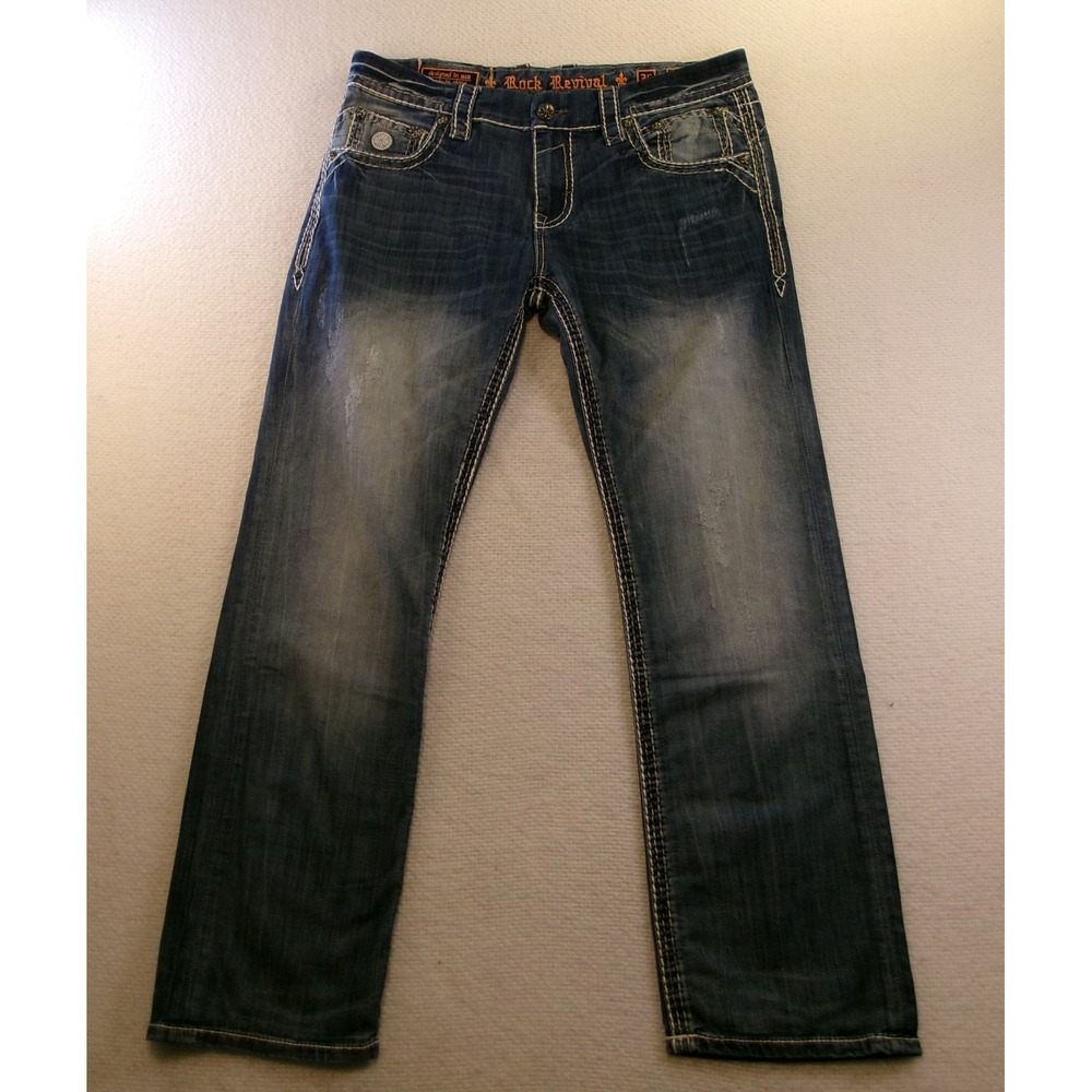 Rock Revival Mens 36 Adley Straight Jeans Blue Heavy Stitch E6597JL
